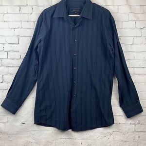 BCBG Maxazria Button Down Shirt Mens XL 17.5 Modern Fit Striped Long Sleeve Blue